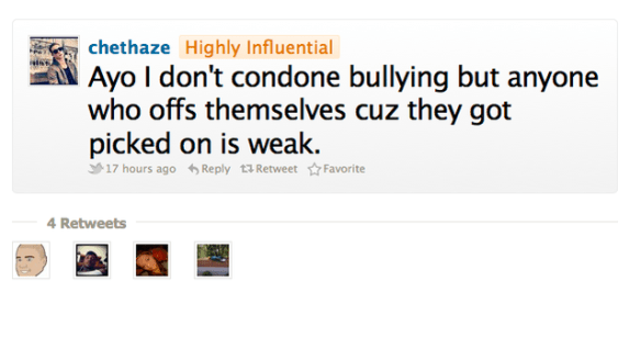 Chet's tweet: "Ayo I don't condone bullying but anyone who offs themselves cuz they got picked on is weak."